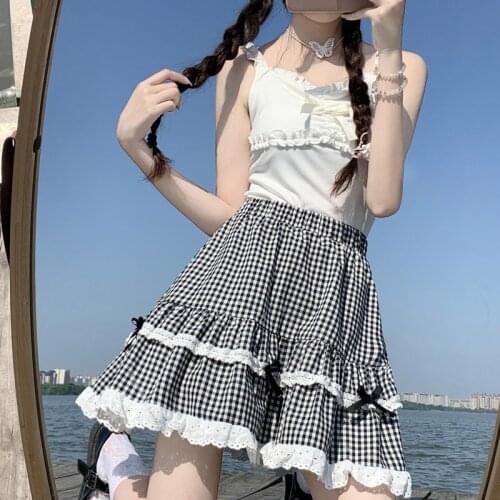 Cute Ruffle Small Sling Tops Women Summer Bowknot Lattice Cake Lace Skirt Suit Sweet Girly Y2k T-Shirt Kawaii Women 2-Piece Set