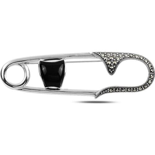 Silverlina Silver Safety Pin Natural Stone & Marcasite Gemstone Brooch