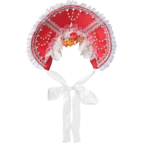 Handmade Lolita Bonnet Victorian Vintage Lace Trim Rose BB Hat Cosplay Tea Party Princess Soft Wire Brim Top Hat