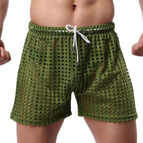 Shorts Men Erotic Sexy Solid Mesh See Through Hollow Out Shorts Men Drawstring Shorts Beach Pants Men Clothing Casual Shorts2021