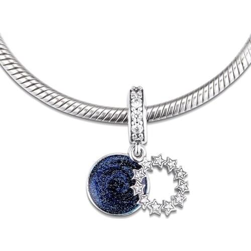 Clear CZ & Blue Enamel Inspirational Stars Dangle For Charms Bracelets Women 925 Sterling Silver Charms for Jewelry Making 2019