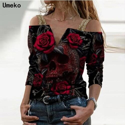 Umeko New Vintage Print Long Sleeve T-Shirts Women Sexy Sling V-Neck Off Shoulder Tops Elegant Rose Pattern Tee Shirt Streetwear