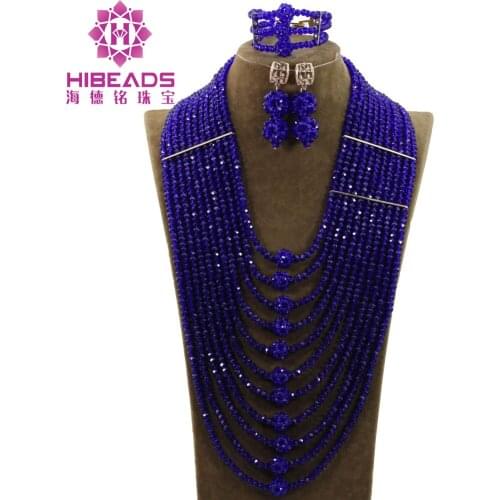 11 Layers Nigerian Wedding African Crystal Beads Necklace Bracelet Earrings Jewelry Set Royal Blue Jewelry Free Shipping ANJ381