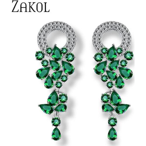 ZAKOL Blue Round & Marquise Cut Cubic Zirconia Long Dangle Drop Earring for Women Fashion Leaf Bridal Wedding Jewelry FSEP154