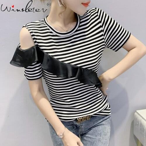 Summer European Style Cotton T-Shirt Fashion Striped Sexy Off Shoulder Patchwork Ruffles Women Tops Short Sleeve Tees T16125A