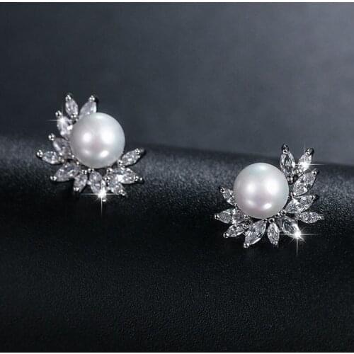 Round Pearl Earrings Stud Women Girls Fine Jewelry Silver Zircon Fashion Boucle Ooreille Femme 2020 Trendy Gifts Stud Earrings