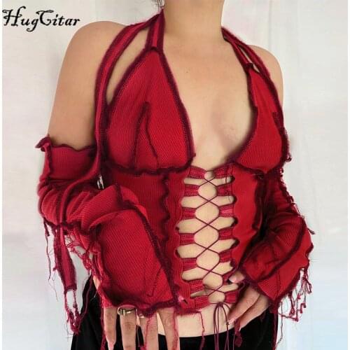 Hugcitar 2020 Patchwork Bandage Cut Out Sexy Crop Top Autumn Winter Women Fashion Streetwear Halter Y2K Tshirts Club Tees