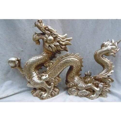 12" China silver carved beautifully luck dragon play bead Sculpture statue