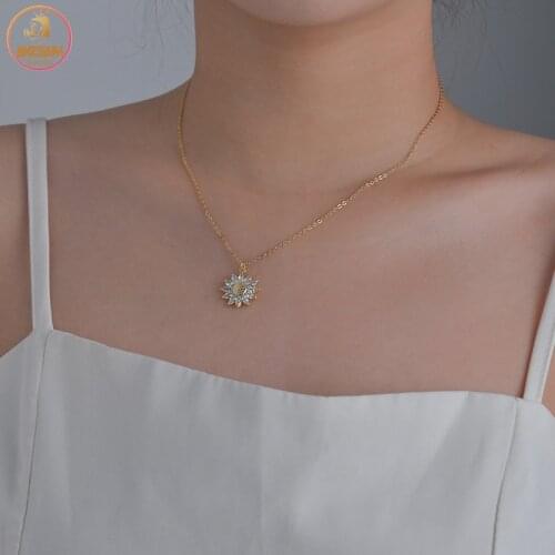 Akizoom Fashion Necklace Chain Diamond Sunflower Necklace Stainless Steel Pendant for Women Birthday Jewelry Gift Freeshipping
