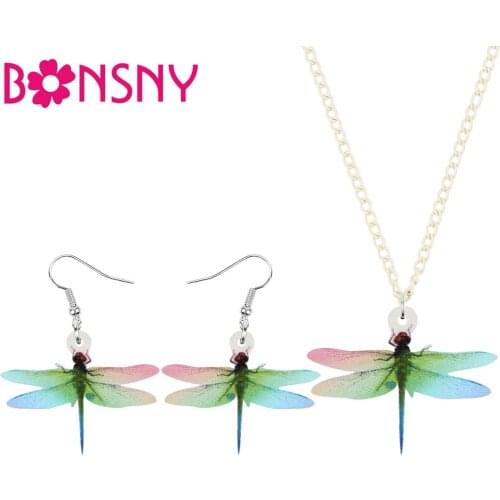 Bonsny Acrylic Colorful Dragonfly Jewelry Sets Animal Insects Necklace Earrings For Women Ladies Gifts Decorations Accessories