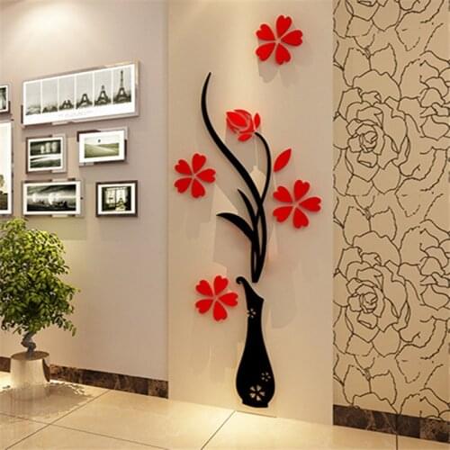 Hot 3D wall stickers Vase Plum Flower Modern Home decor Diy Crystal acrylic wall sticker Bedroom TV Entrance Decorative Pictures