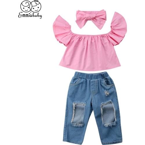 Fashion Clothes Sets Toddler Baby Kid Girl Outfit Off Shoulder Ruffles Shirt Top+Hole Jeans Pants +Headbands Clothes Set 3PCS