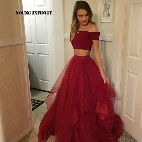Red Two Pieces Sexy V Neck Prom Dresses 2020 Elegant Burgundy Off The Shoulder Long Formal Party Evening Dresses vestido de gala