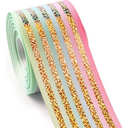 2 Yards 75mm Laser Gold Foil Long Stripe Heat Transfer Printed Grosgrain Ribbon for DIY Hair Bow Sewing Materials Gift