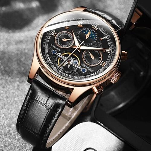 Skeleton Tourbillon Mechanical Watch Men Automatic Black Gold Leather Self Winding Male Wrist Watches Reloj Hombre Luxury TODO