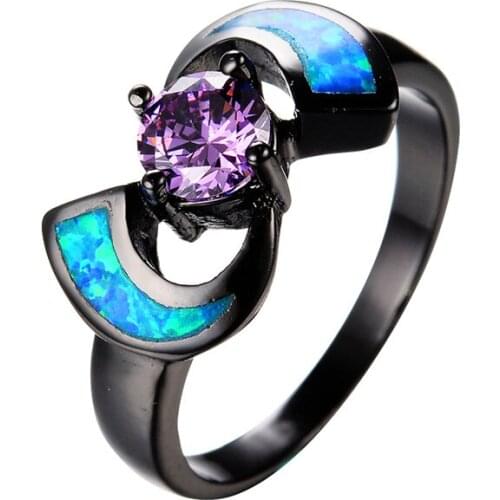 Cute Female Blue Fire Opal Ring Fashion 14KT Black Gold Wedding Rings For Women Promise Small Round Engagement Ring