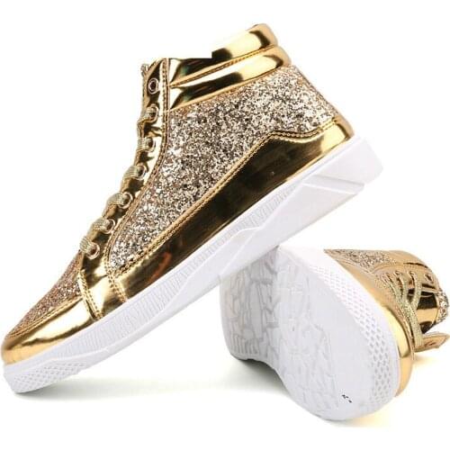 QWEDF 2019 Men hip hop dancing sneakers Flats Shoes Spring gold silver bling Rhinestone Lace Up male Casual Ankle boots DP-164