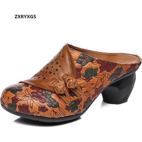 2021 Newest Classic Retro Round Toe Summer Slippers Women Sandals Print Genuine Leather Slippers Fashion Shoes High Heel Sandals