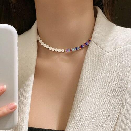 SRCOI Trendy Imitation Pearl Chain Chokers Collar Asymmetrical MixedColor Rhinestone Necklace For Women OT Clasp Charms Pendant