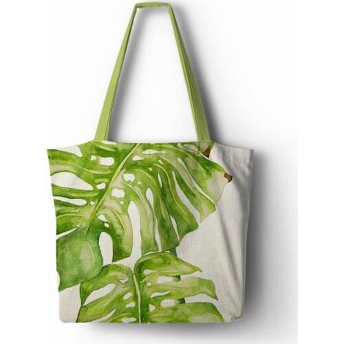 Customize Tropical Plants both sides printed Handbag Linen Polyester Shopping Tote Home Storage Bags with Casual Traveling Beach
