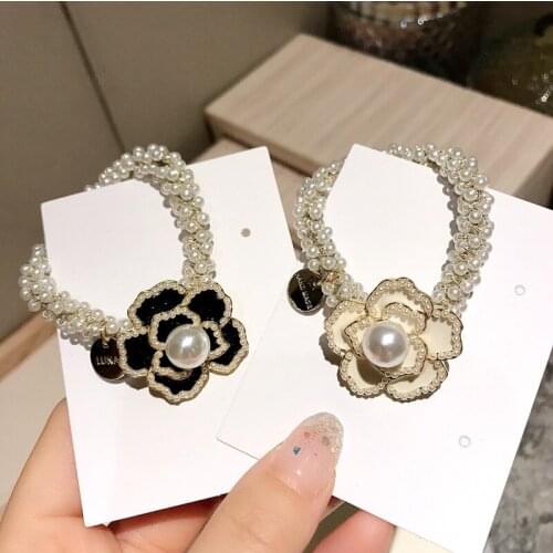 Women Lady Fashion Elastic Hair Ring Luxury Pearl camellia Hair Rubber bands Rope Headbands Hair Accessories for Women & Girls
