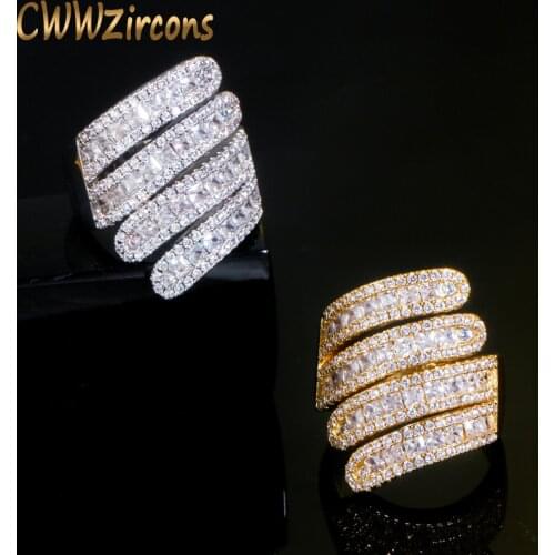 CWWZircons Luxury Dubai Gold Silver Color Cubic Zirconia Big Resizable Ring for Women Cocktail Party Jewelry Accessories R166