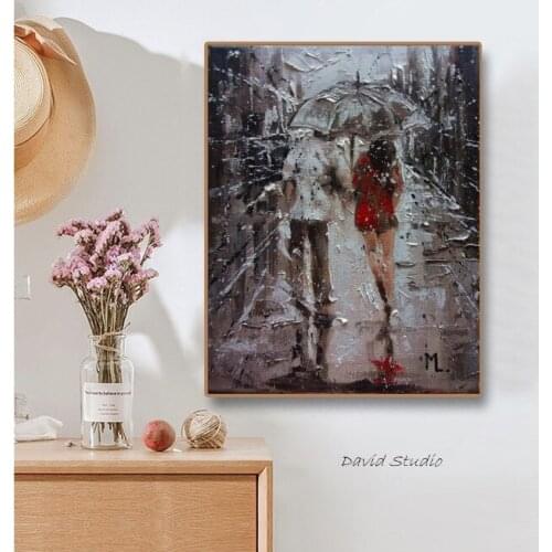 Hand Painted Modern impressist Artwork Lover in Raining Day Worth Keeping Thinkness Oil Painting On Canvas For Wall Decoration