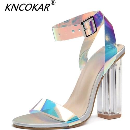KNCOKAR Large Size Sandals Female Elegant Word Buckle High Heel Sandals Personality Colorful Womens Sandals 35-42