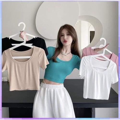 Sexy Square Neck T-shirt Womens Tee Shirt Solid High Waist Crop Top Short-sleeved T-shirts Summer Blusas Female clothing