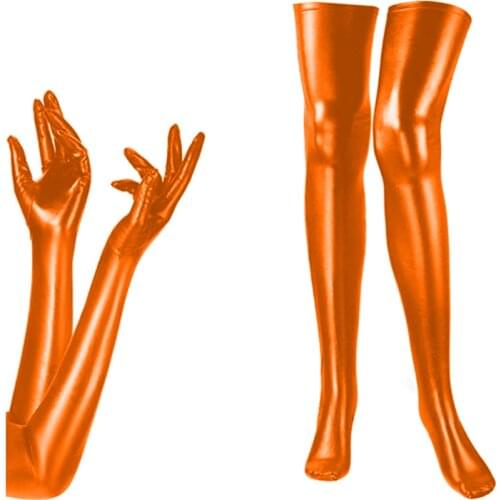 Sexy Long Gloves And Stockings Set Women Exotic Cosplay Party Accessories Metallic Gloves Socks Faux Leather Dancing Clubwear