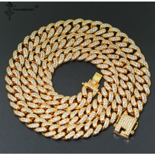 Hip Hop Iced Out Paved Rhinestones 1Set 13MM Gold Color Full Miami Curb Cuban Chain CZ Bling Necklaces For Men Rapper Jewelry