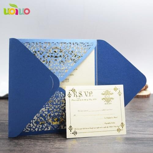 Sea blue four fold lace 10Pcs Sample Laser Cut Wedding Invitation Card Customizalbe Envelopes & Inner Card & Party Supplies