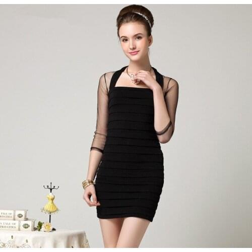 Spring Office Lady Vintage Draped Bodycon Sexy Party Midi Bandage Sheath Dress Womens Dresses Black Three Quarter Sleeve Dress