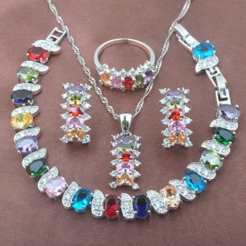 Natural Jewelry Multicolor Cubic Zirconia Silver Color Crystal With Bracelets Earrings Pendant Necklaces Rings YZ0561