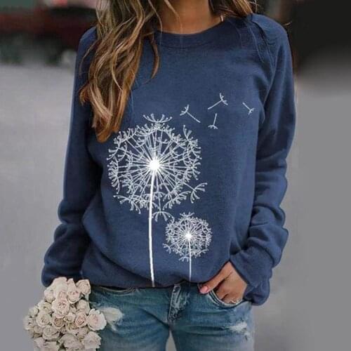 Women Casual Dandelion Print Long Sleeve O Neck Loose T-shirt Blouse Sweatshirt Dandelion Print Regular Blouse
