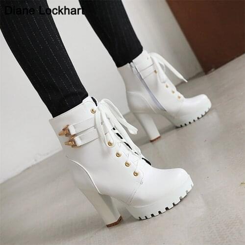 Brand Designers Autumn Winter New Women Shoes Black Heels Boots Lacing Platform Ankle Boots Chunky Heels Lace-up Botas 32-45