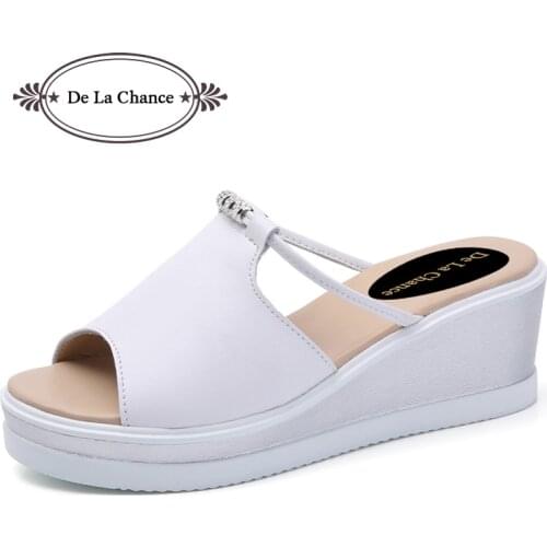 2018 Summer Women Platform Slippers Slides Sandals Diamond Shoes Slip on Open Toe White Black Genuine Leather Wedge Sandals