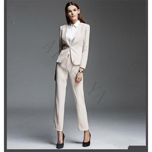 Hot Sale Womens Business Suits Formal Work Wear OL Lady Trouser Suit Female Office Uniform Ivory 2 Piece Suits Single Breasted