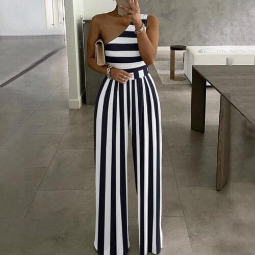 Elegant Office Lady Wide Leg Jumpsuit Sexy Off Shoulder Women Rompers Bodysuit Summer Fashion Striped Printed Overalls Playsuits