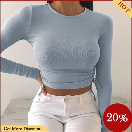 NEW 2021 Spring Autumn Women Rib Knit Crop Top Sexy Drawstring Ruched Slim Fit Short T-Shirt Casual Long Sleeve T-shirt Clothes