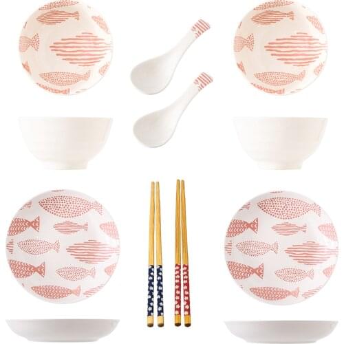 8 Pcs Ceramic Plate Bowl Chopsticks Spoon set Porcelain Tableware Thread Colored Glaze Underglaze CZY9956-1
