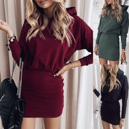 Basic Women Mini Pencil Dress 3-color Hooded Long Sleeve Pullover Spring and Autumn New Sexy One Step Fold Skirt Wrap Dress 2021