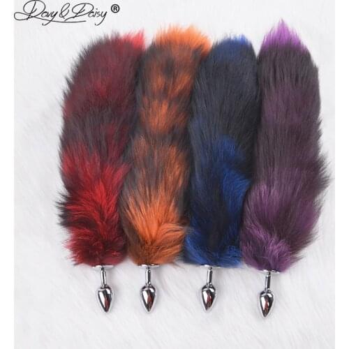DAVYDAISY Soft Real Fox Fur Tail Metal Anal Plug Stainless Steel Butt Plug Erotic Women Adult Sex Accessories for Couples AC106