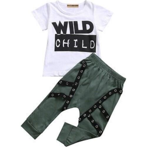 Infant Newborn Kids Baby Boys Wild Child Letter Cotton Short Sleeve T-shirt Tops+Long Pants Outfits Clothes Sunsuit Set New 0-3Y