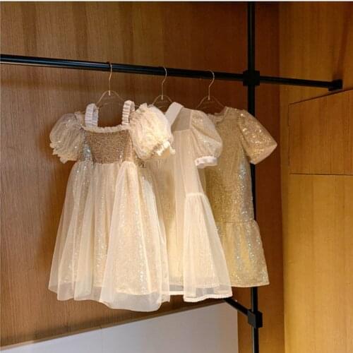 2021 Children Princess Dresses Girls Short Sleeve Dress Sequined Party One Piece Fairy Summer Puffy Tulle Dress Kids Clothing