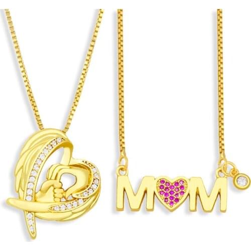 EYIKA Shiny Cubic Zirconia Mother Baby Hand Wing Heart Letter MOM Pendant Necklace for Mothers Day Birthday Gift Family Jewelry