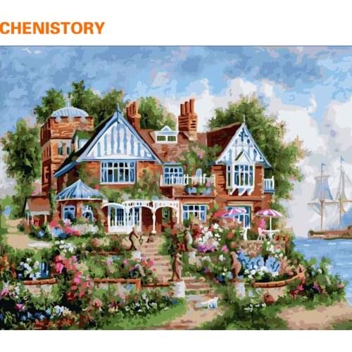 CHENISTORY Frameless Villa Seaside DIY Painting By Numbers Landscape Modern Wall Art Picture Handpainted Oil Painting Home Decor