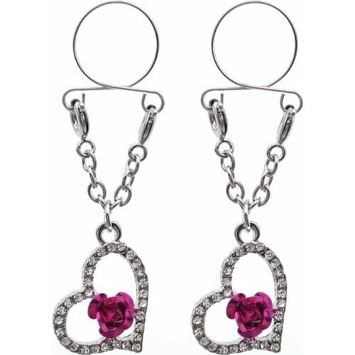 Fashion red crystal heart rose flower Non pierced Clip On Nipple Ring Nipple Jewelry Fake Nipple Dangle Adjustable Body Jewelry