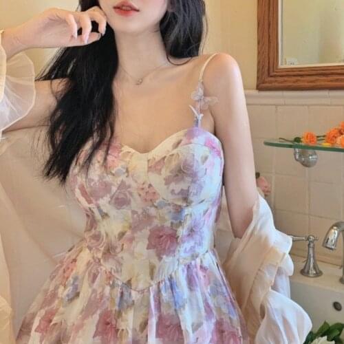 Korean Fashion Sweet Floral Strap Dresses Women Casual Sleeveless Boho Eveming Party Dress Ladies Bow Design Kawaii Mini Dress