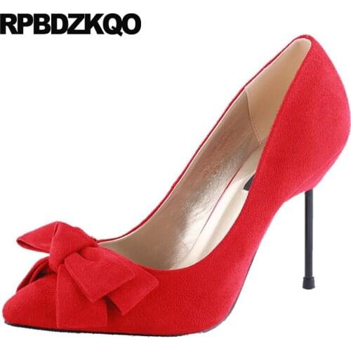 Red kawaii scarpin sexy pointed toe ladies size 4 34 footwear 2018 bow shoes suede pumps thin high heels china black stiletto